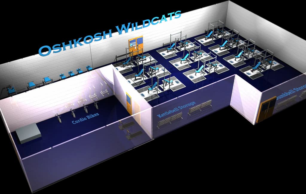 3D weight room design render for the Oshkosh Wildcats, with labeled cardio, kettlebell, and dumbbell storage zones