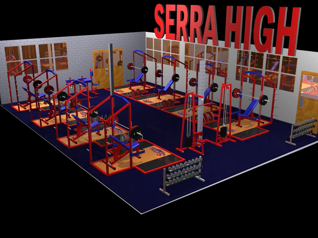 3D weight room design render for Serra High, with red and blue racks, platforms, and dumbbell storage in school colors