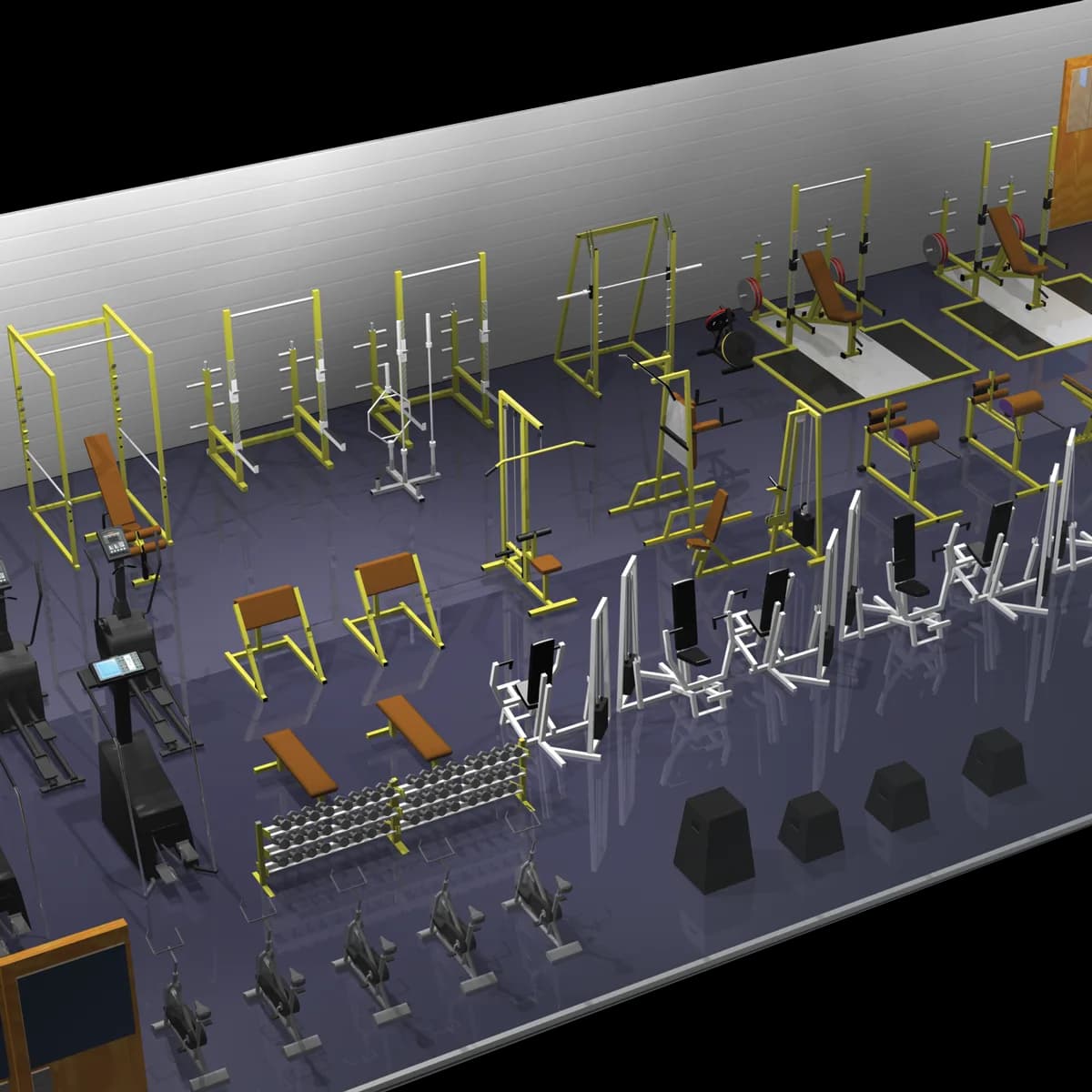 3D render of a BFS weight room layout with racks, platforms, benches, selectorized machines, and cardio