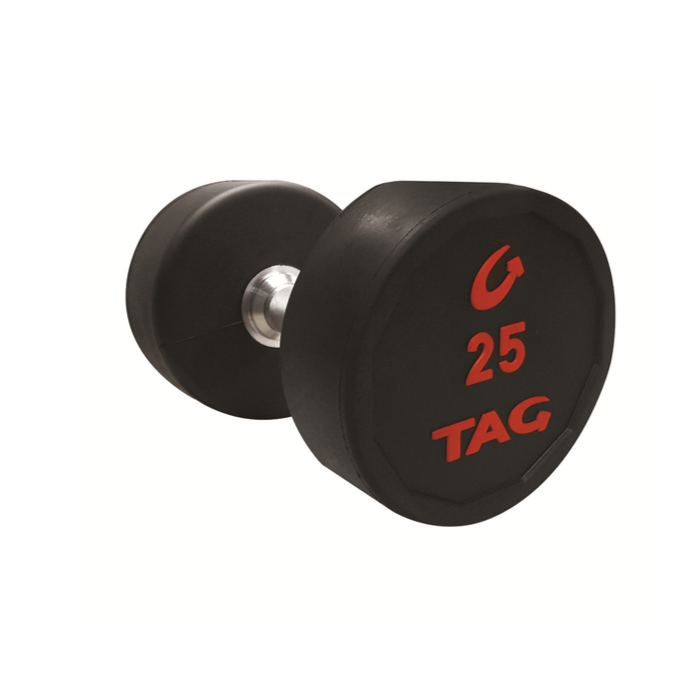 TAG DUMBBELLS W/STRAIGHT HANDLES - sold as set of 5-50 ONLY