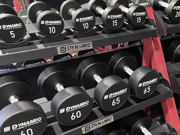 Dynamic DUMBBELLS RUBBER HEX W CHROME ERGO HANDLE Weight Room Equipment Bigger Faster Stronger